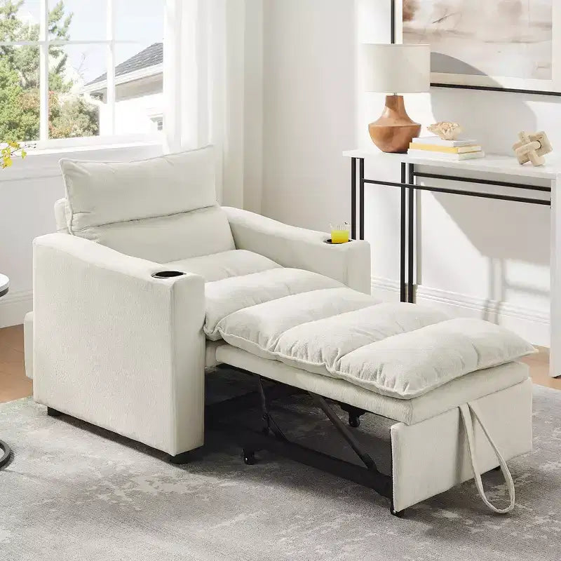 Fauteuil-lit convertible avec couchage escamotable et porte-gobelets, canapé-lit en velours litchi pour salon, chambre d'amis ou petit espace, crème