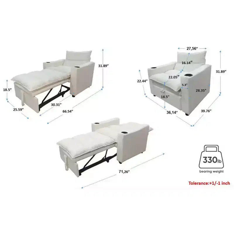 Fauteuil-lit convertible avec couchage escamotable et porte-gobelets, canapé-lit en velours litchi pour salon, chambre d'amis ou petit espace, crème