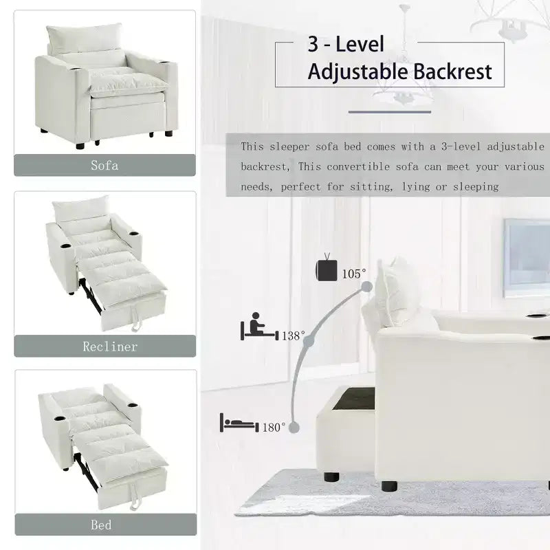 Fauteuil-lit convertible avec couchage escamotable et porte-gobelets, canapé-lit en velours litchi pour salon, chambre d'amis ou petit espace, crème