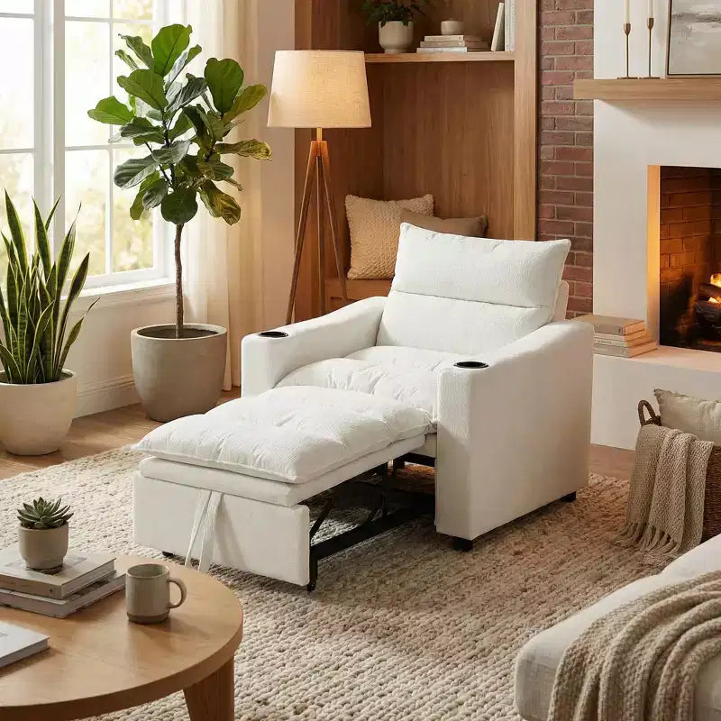 Fauteuil-lit convertible avec couchage escamotable et porte-gobelets, canapé-lit en velours litchi pour salon, chambre d'amis ou petit espace, crème