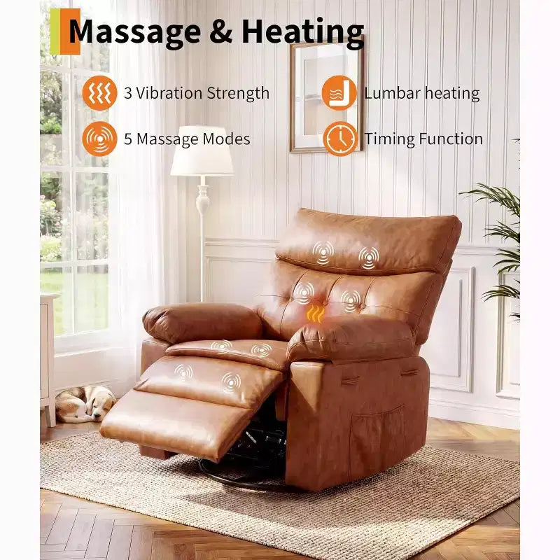 Fauteuil inclinable pivotant en similicuir, base ronde pivotante à 360°, fonction massage et chauffage, canapé individuel pour salon