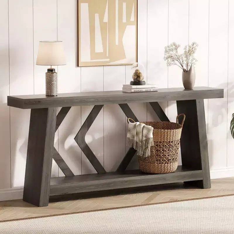 Console en bois massif, table de canapé étroite extra longue à 2 niveaux pour entrée, couloir, salon