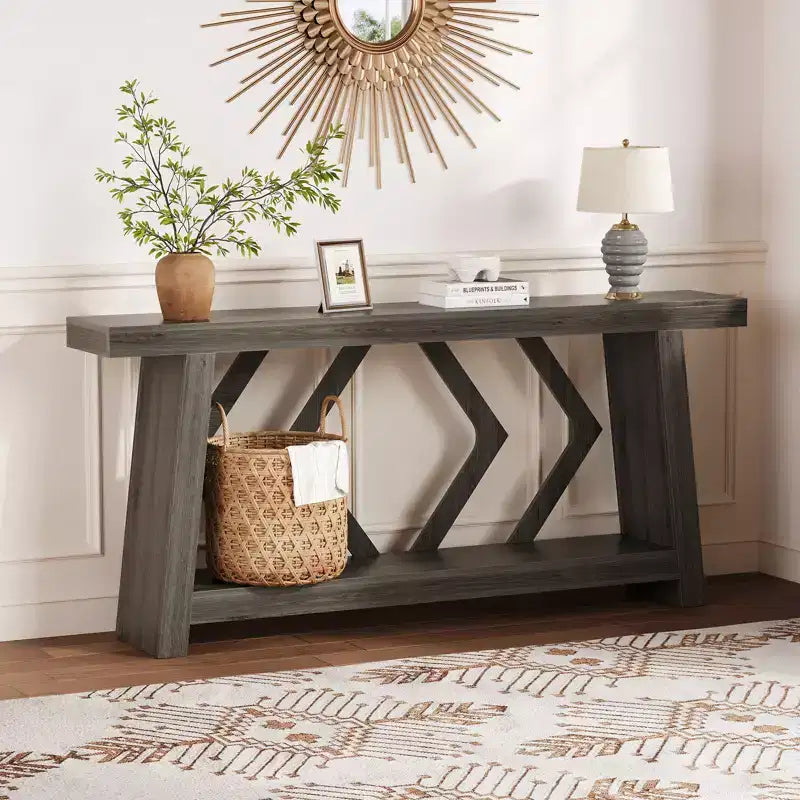 Console en bois massif, table de canapé étroite extra longue à 2 niveaux pour entrée, couloir, salon