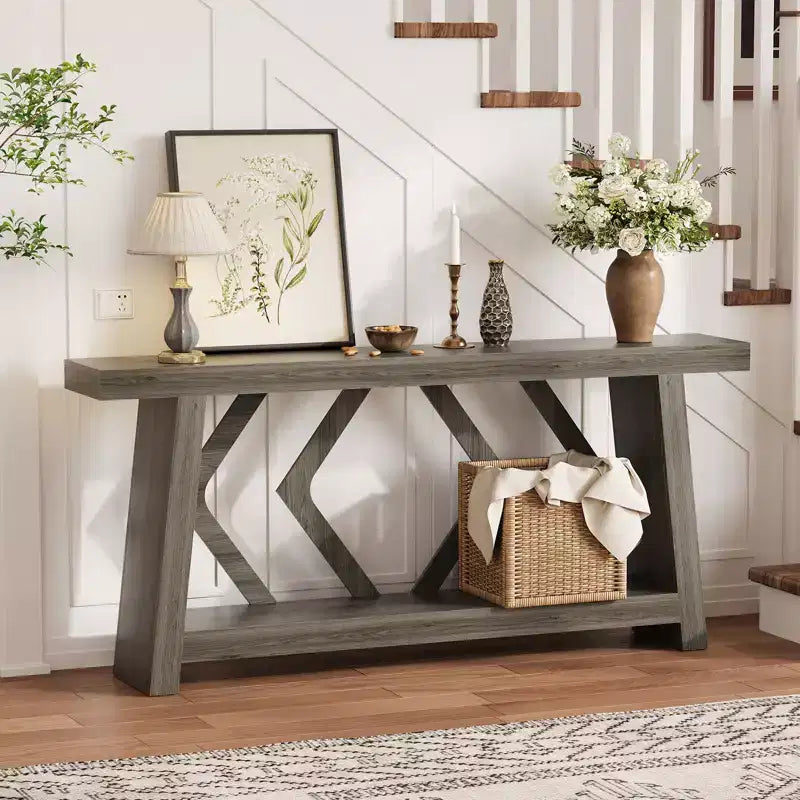 Console en bois massif, table de canapé étroite extra longue à 2 niveaux pour entrée, couloir, salon