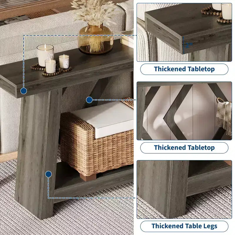 Console en bois massif, table de canapé étroite extra longue à 2 niveaux pour entrée, couloir, salon