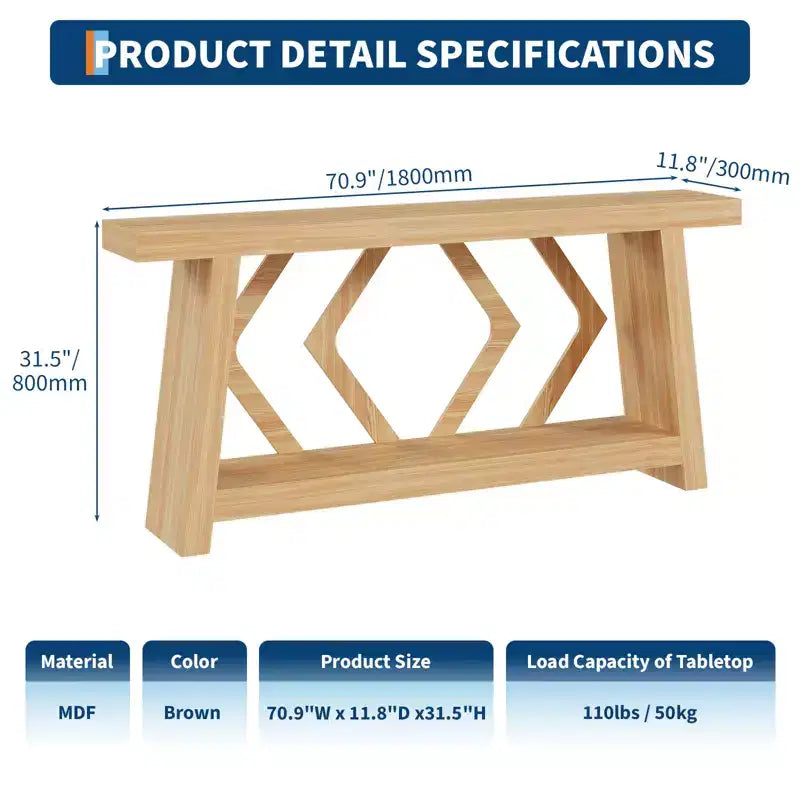 Console en bois massif, table de canapé étroite extra longue à 2 niveaux pour entrée, couloir, salon