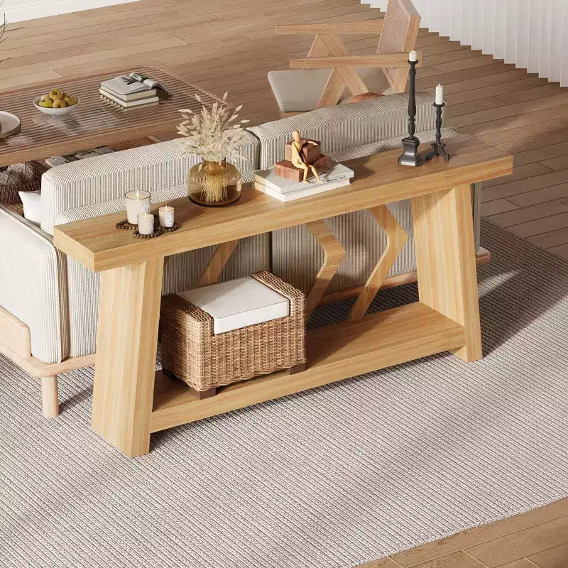 Console en bois massif, table de canapé étroite extra longue à 2 niveaux pour entrée, couloir, salon
