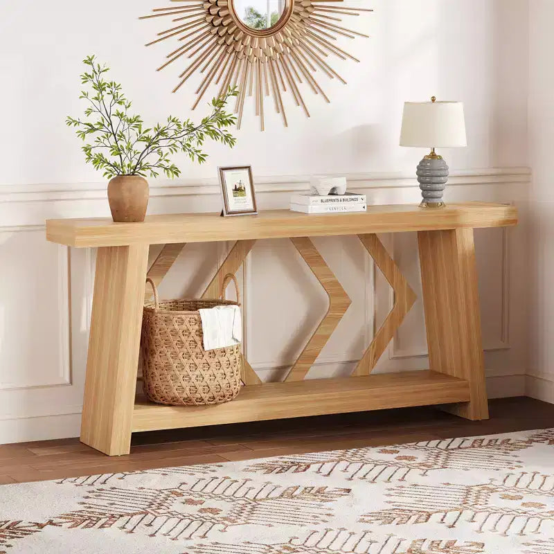 Console en bois massif, table de canapé étroite extra longue à 2 niveaux pour entrée, couloir, salon