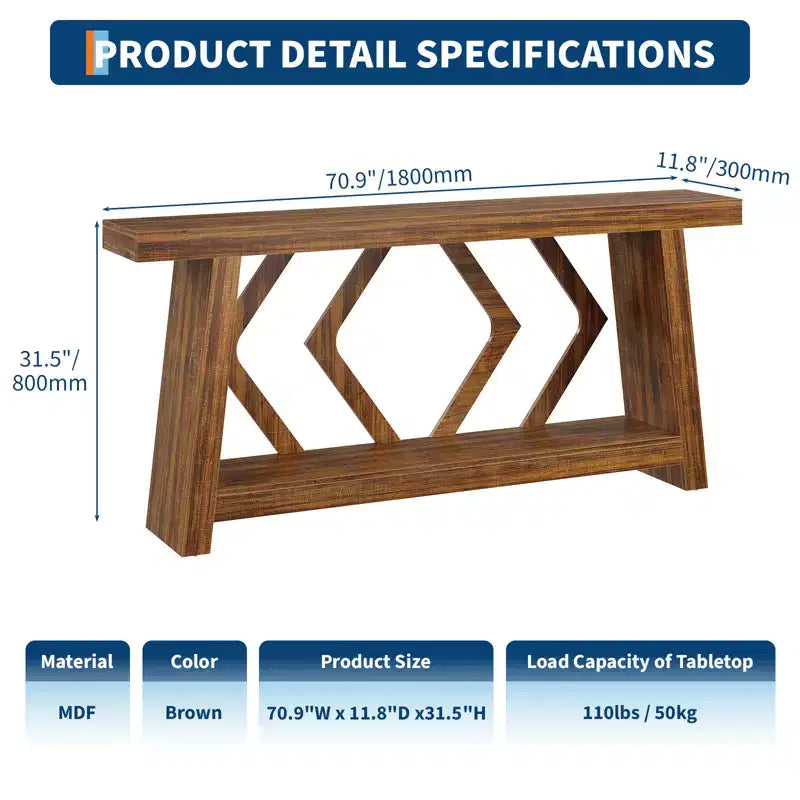 Console en bois massif, table de canapé étroite extra longue à 2 niveaux pour entrée, couloir, salon