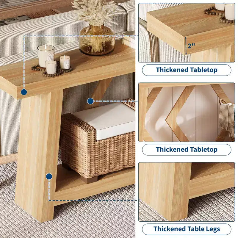 Console en bois massif, table de canapé étroite extra longue à 2 niveaux pour entrée, couloir, salon