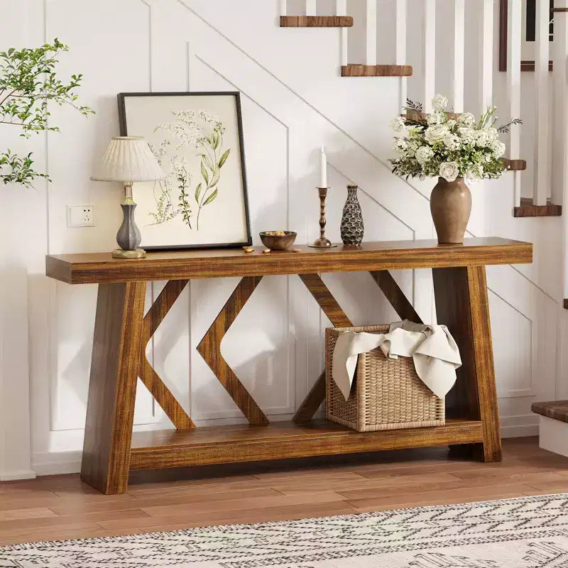 Console en bois massif, table de canapé étroite extra longue à 2 niveaux pour entrée, couloir, salon