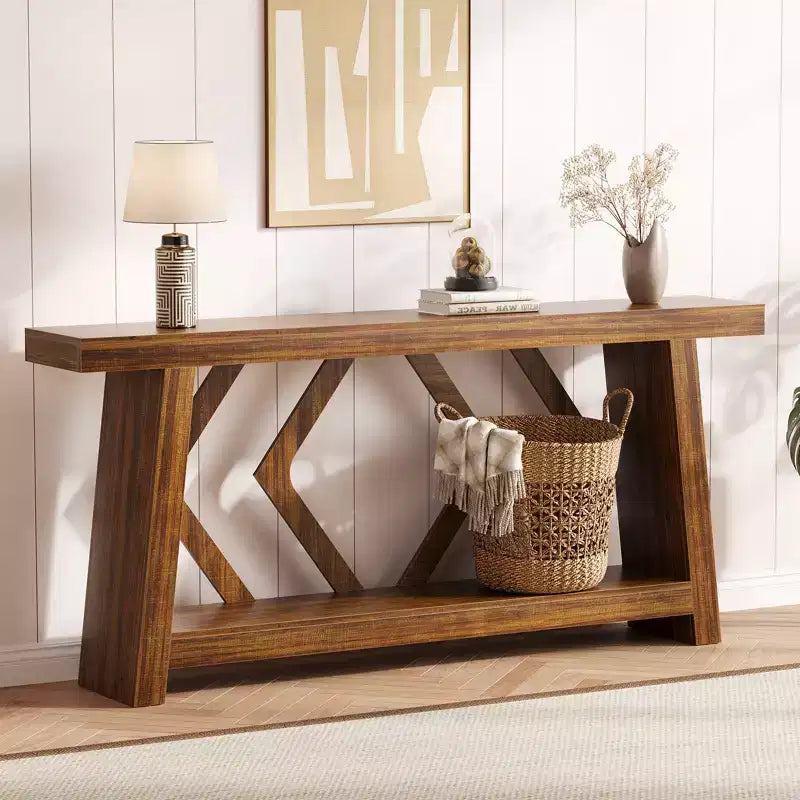 Console en bois massif, table de canapé étroite extra longue à 2 niveaux pour entrée, couloir, salon