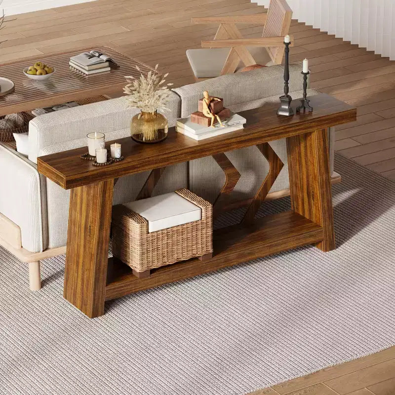 Console en bois massif, table de canapé étroite extra longue à 2 niveaux pour entrée, couloir, salon