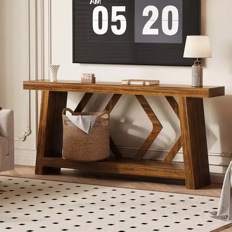 Console en bois massif, table de canapé étroite extra longue à 2 niveaux pour entrée, couloir, salon