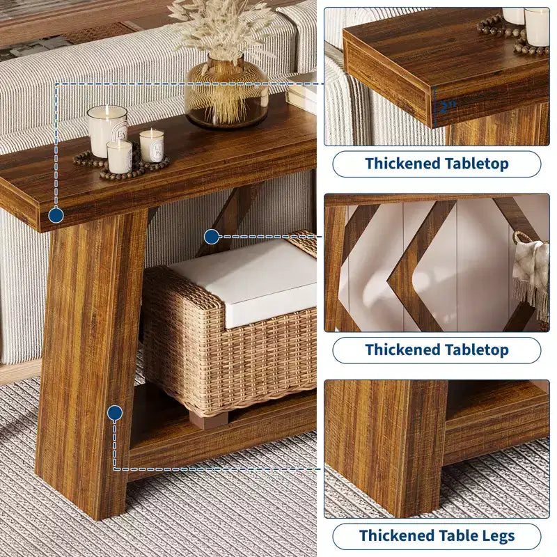 Console en bois massif, table de canapé étroite extra longue à 2 niveaux pour entrée, couloir, salon