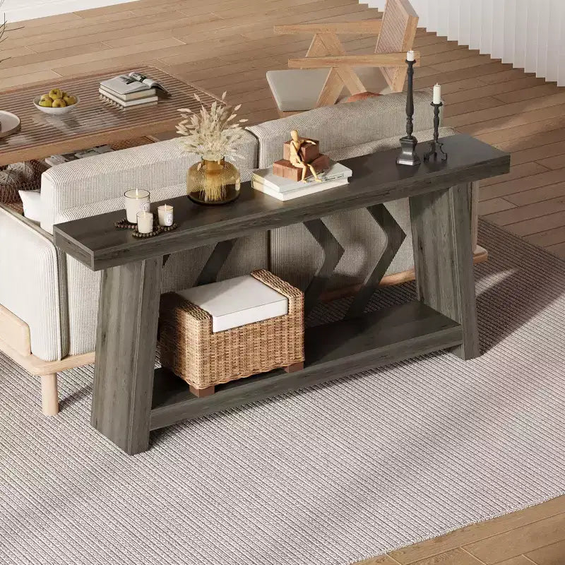 Console en bois massif, table de canapé étroite extra longue à 2 niveaux pour entrée, couloir, salon