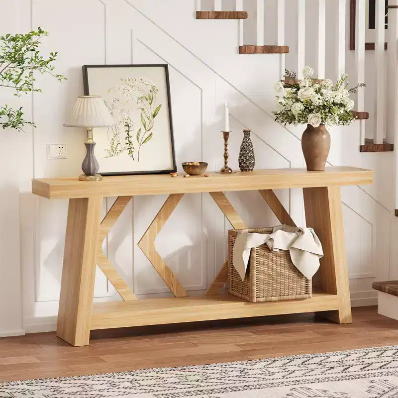 Console en bois massif, table de canapé étroite extra longue à 2 niveaux pour entrée, couloir, salon