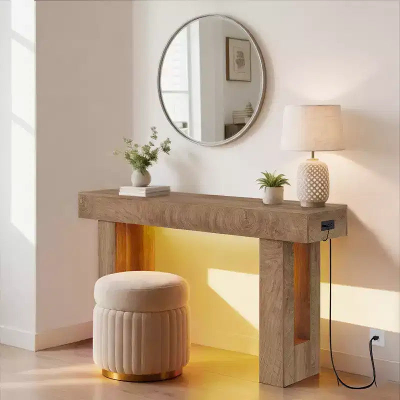 63-inch Farmhouse Style Console Table - Wooden Entryway Table, Suitable for Living Room, Hallway, and Entrance, White (with Motion Sensor Light)