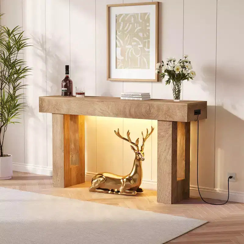 Console de style rustique de 160 cm – Table d'entrée en bois, convient pour le salon, le couloir et l'entrée, blanche (avec lumière à détecteur de mouvement)