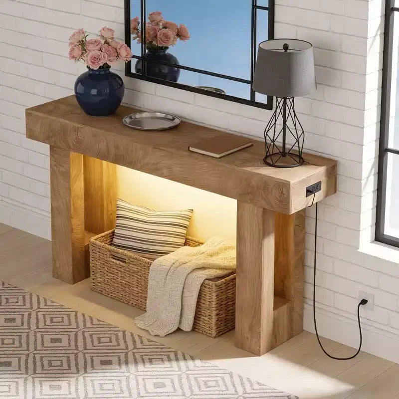 Console de style rustique de 160 cm – Table d'entrée en bois, convient pour le salon, le couloir et l'entrée, blanche (avec lumière à détecteur de mouvement)