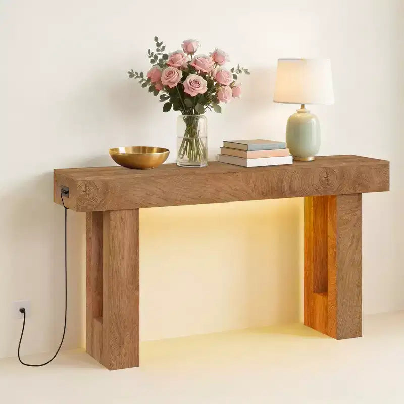 Console de style rustique de 160 cm – Table d'entrée en bois, convient pour le salon, le couloir et l'entrée, blanche (avec lumière à détecteur de mouvement)