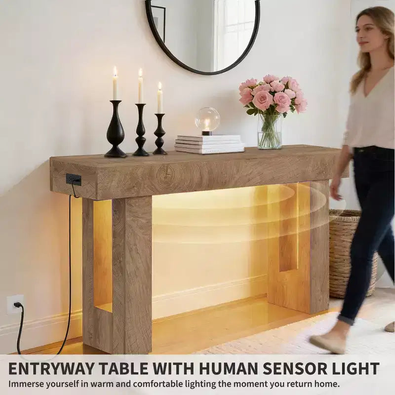 Console de style rustique de 160 cm – Table d'entrée en bois, convient pour le salon, le couloir et l'entrée, blanche (avec lumière à détecteur de mouvement)