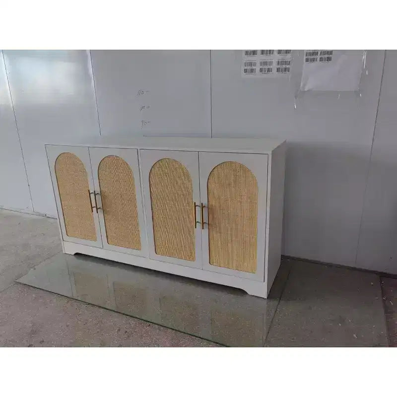Rattan Sideboard Buffet Cabinet  59 Storage Console with 4 Doors, Fixed Shelf, Metal Handles