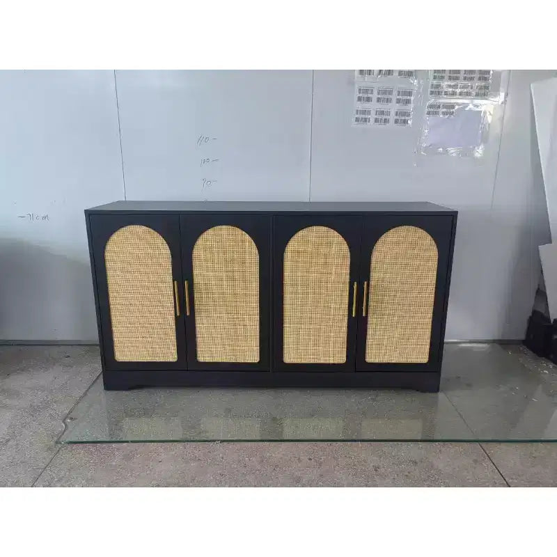 Meuble de rangement buffet en rotin 59 po avec 4 portes, étagère fixe et poignées en métal