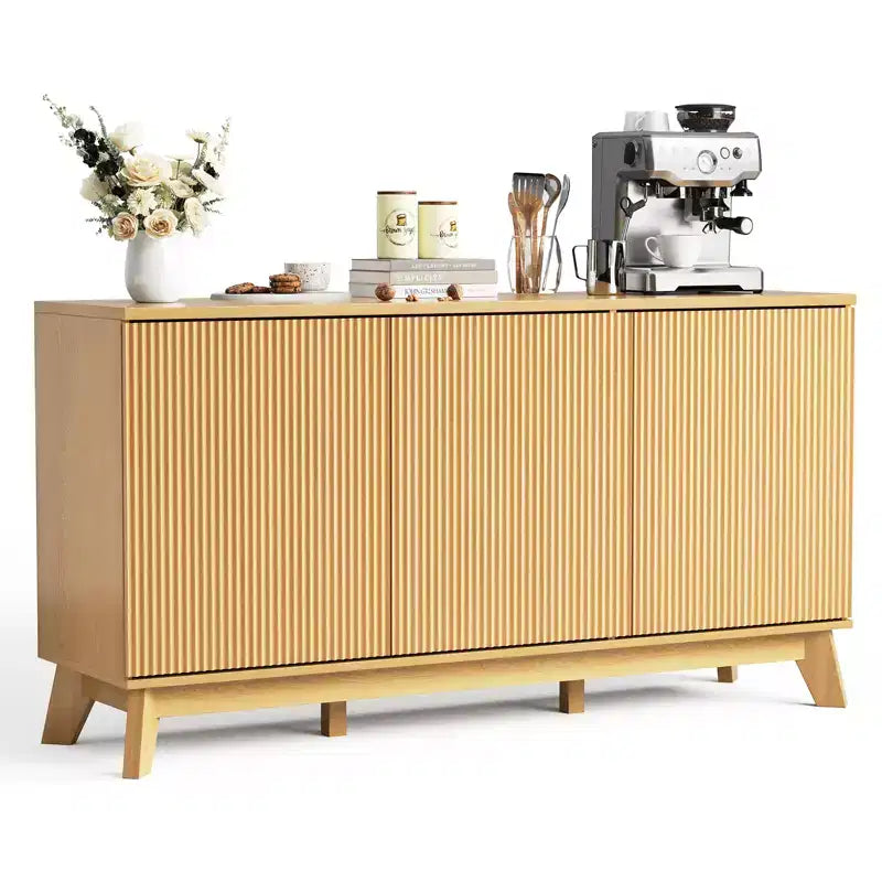 Modern Farmhouse Fluted Sideboard Buffet Cabinet  58 Wooden Credenza with 3 Doors, Adjustable Shelves