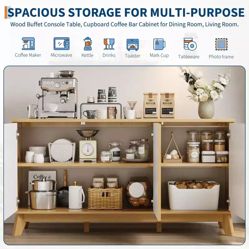 Buffet Bahut de Ferme Moderne 147 cm avec 3 Portes, Étagères Réglables