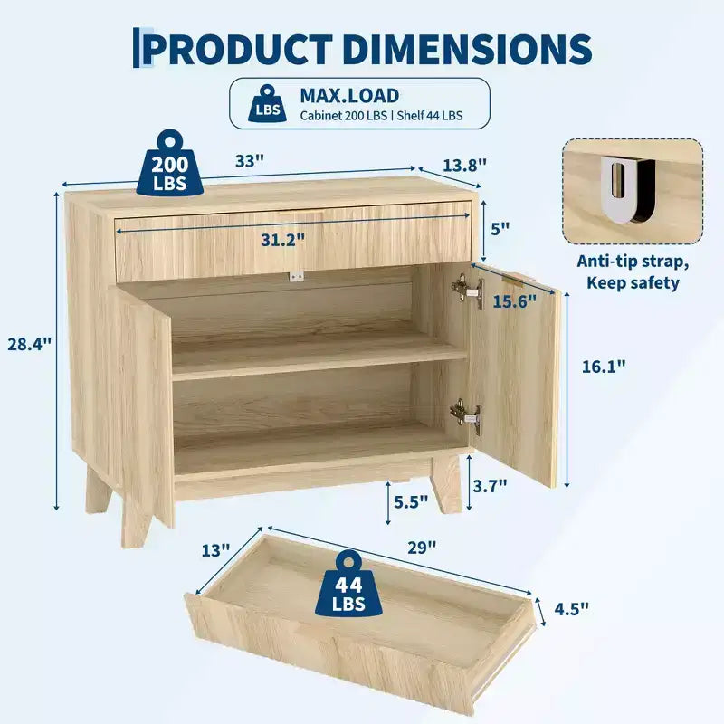 Bahut cannelé avec rangement, Buffet avec étagère réglable et tiroir
