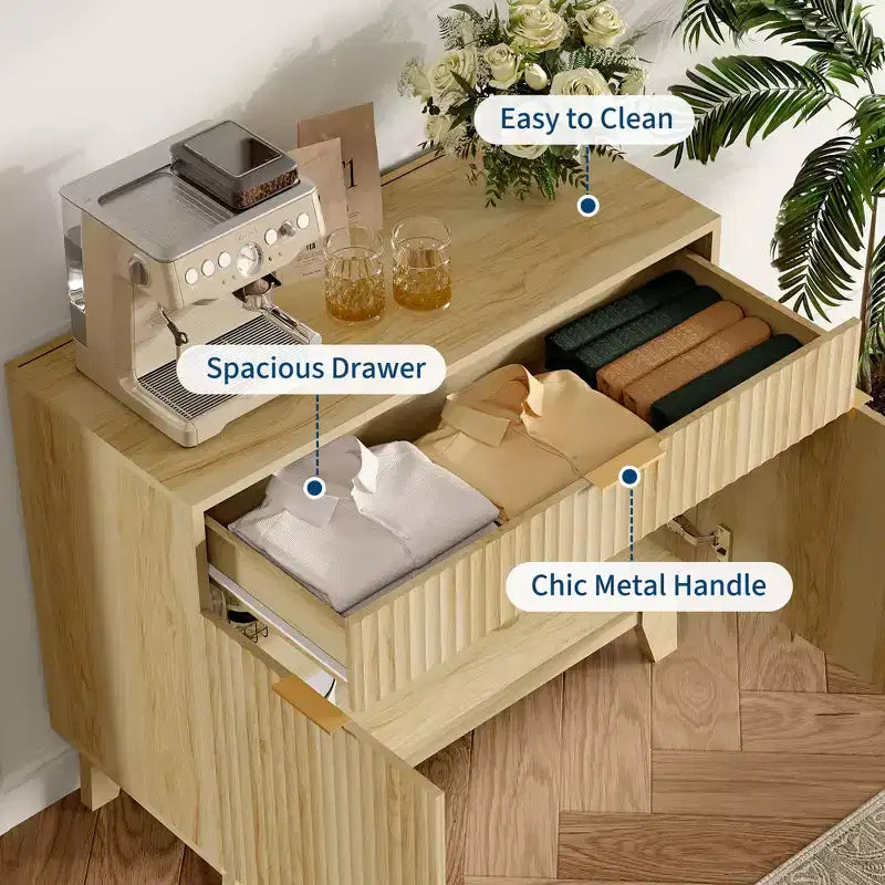 Bahut cannelé avec rangement, Buffet avec étagère réglable et tiroir