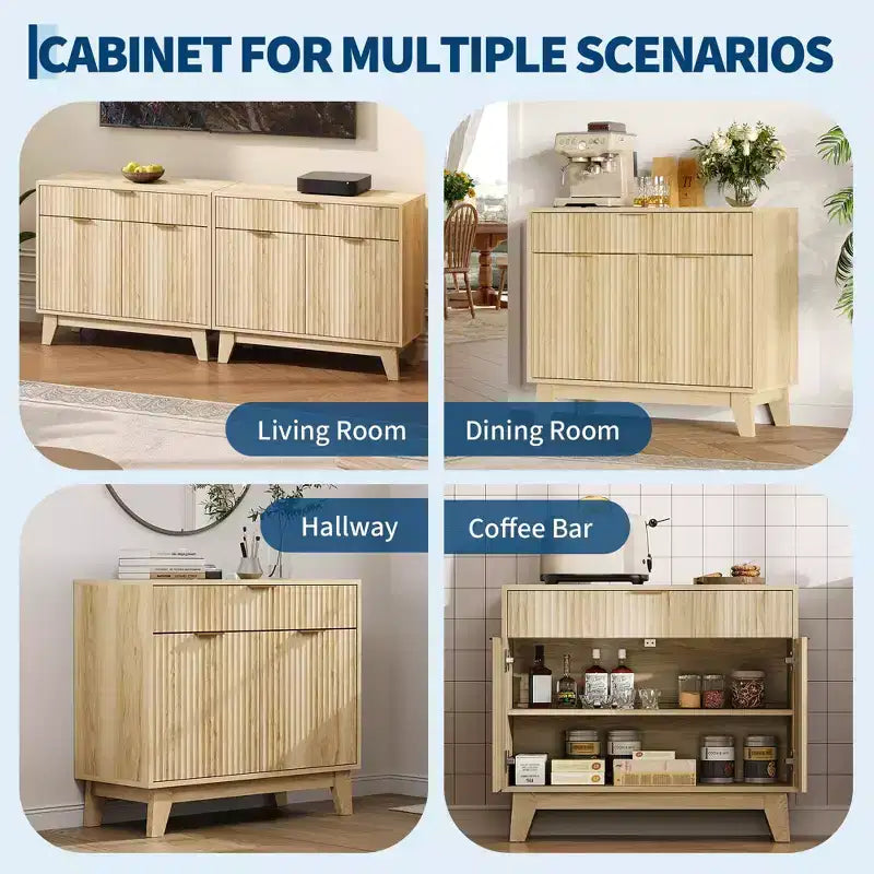 Bahut cannelé avec rangement, Buffet avec étagère réglable et tiroir