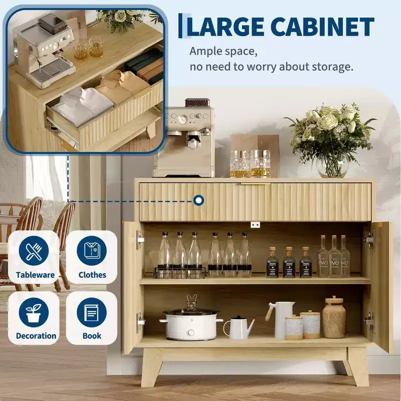 Bahut cannelé avec rangement, Buffet avec étagère réglable et tiroir