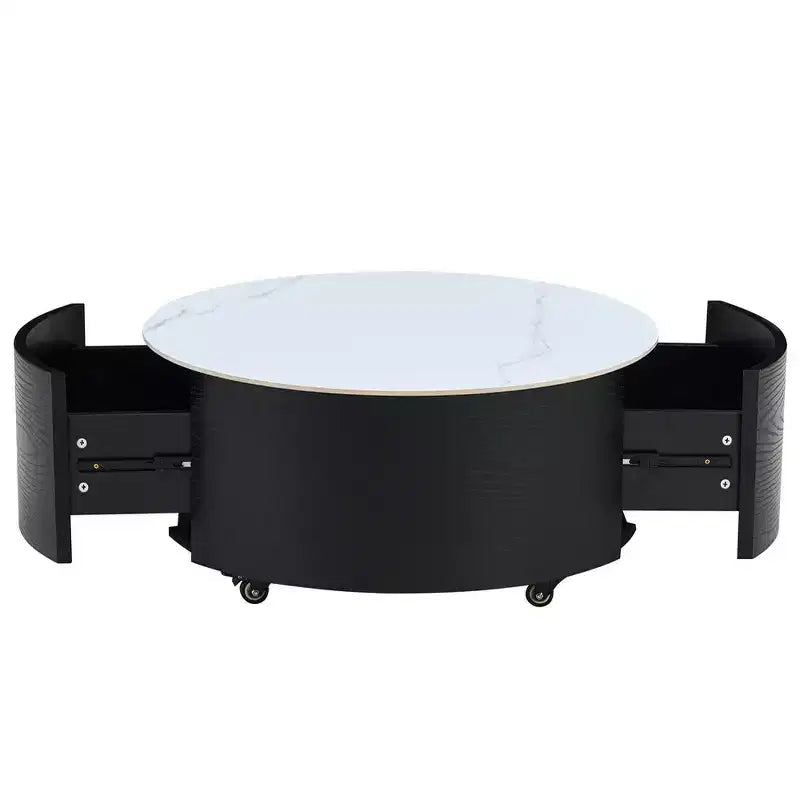 Table basse ronde moderne avec plateau en pierre frittée, 2 tiroirs et roulettes