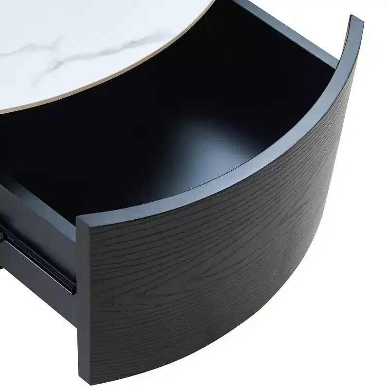 Table basse ronde moderne avec plateau en pierre frittée, 2 tiroirs et roulettes