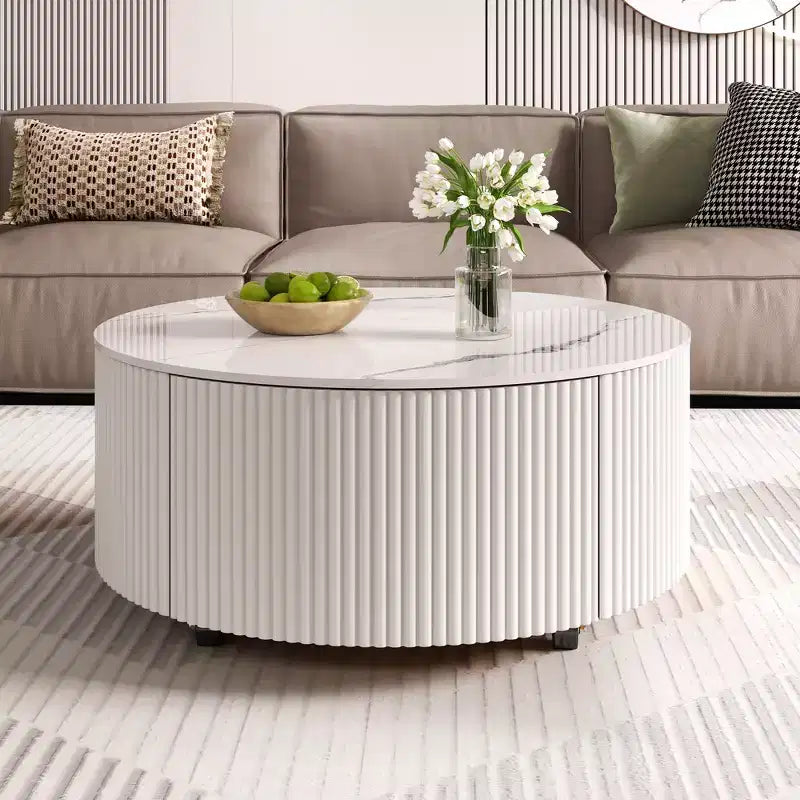 Table basse ronde moderne avec plateau en pierre frittée, 2 tiroirs et roulettes