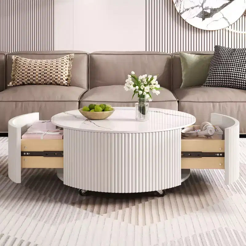 Table basse ronde moderne avec plateau en pierre frittée, 2 tiroirs et roulettes