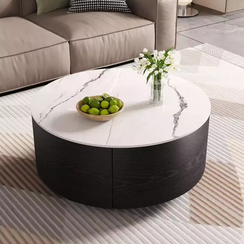 Table basse ronde moderne avec plateau en pierre frittée, 2 tiroirs et roulettes