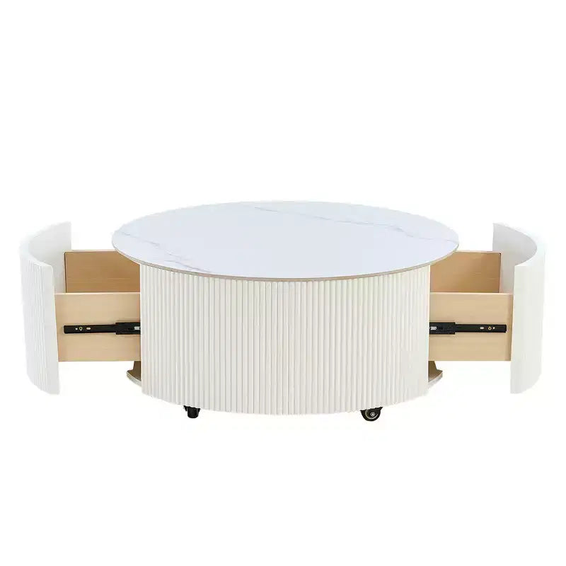 Table basse ronde moderne avec plateau en pierre frittée, 2 tiroirs et roulettes