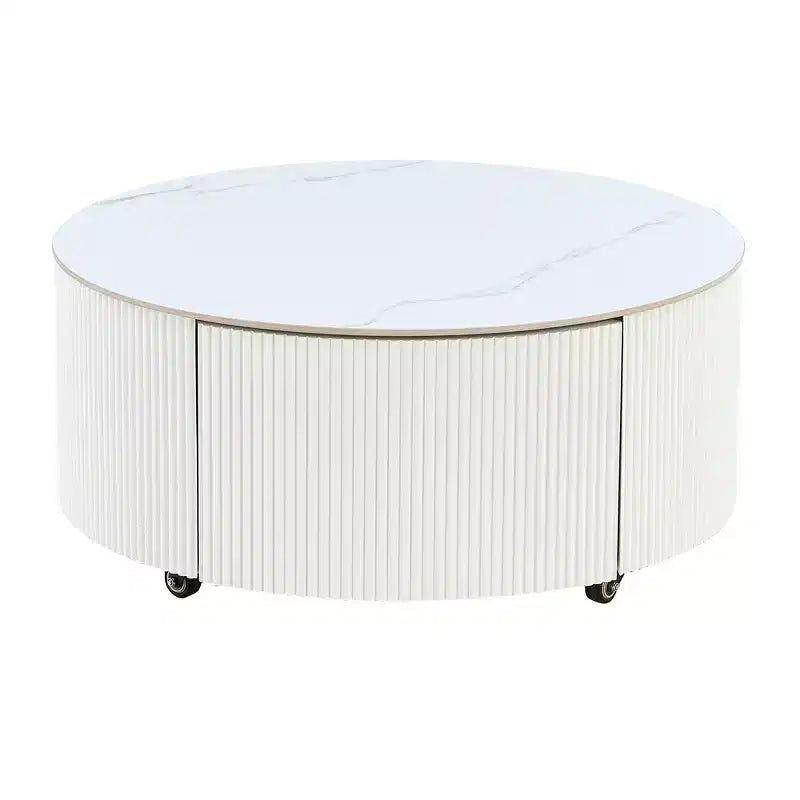 Table basse ronde moderne avec plateau en pierre frittée, 2 tiroirs et roulettes