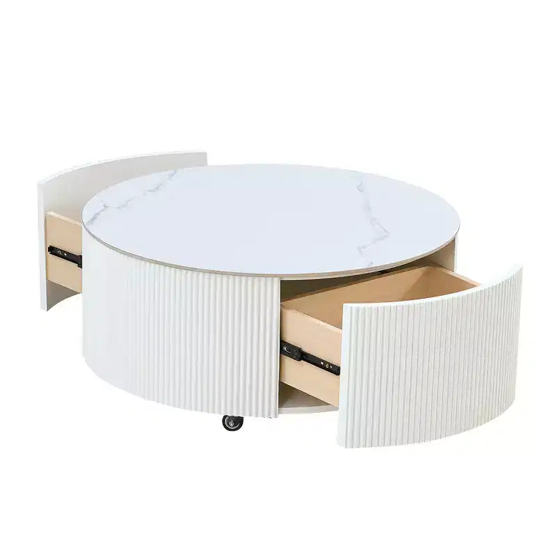Table basse ronde moderne avec plateau en pierre frittée, 2 tiroirs et roulettes