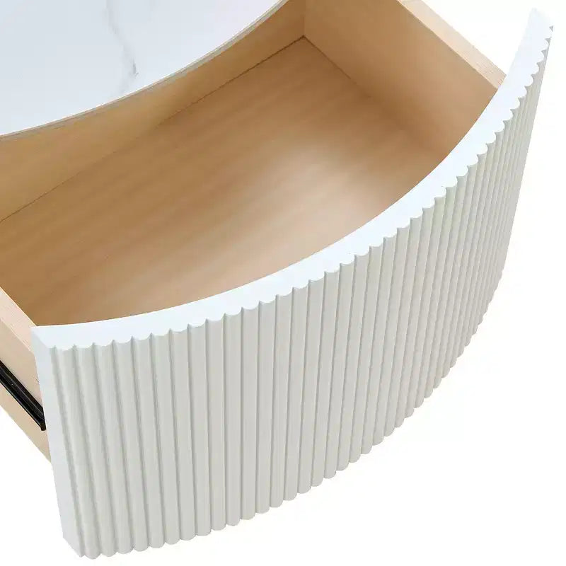 Table basse ronde moderne avec plateau en pierre frittée, 2 tiroirs et roulettes