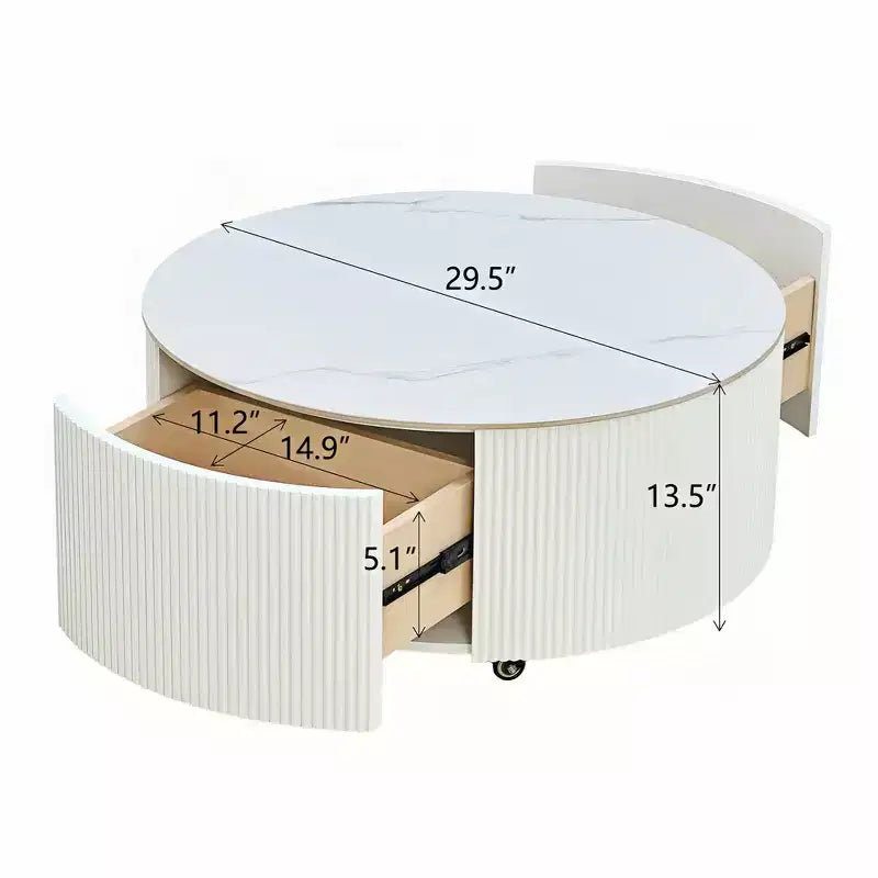 Table basse ronde moderne avec plateau en pierre frittée, 2 tiroirs et roulettes