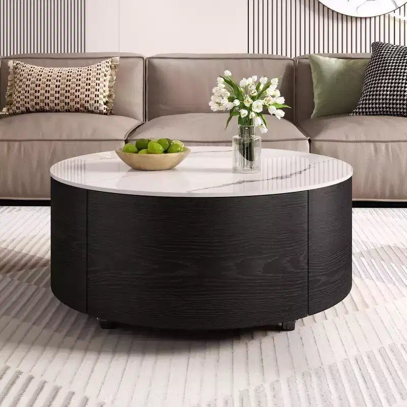 Table basse ronde moderne avec plateau en pierre frittée, 2 tiroirs et roulettes