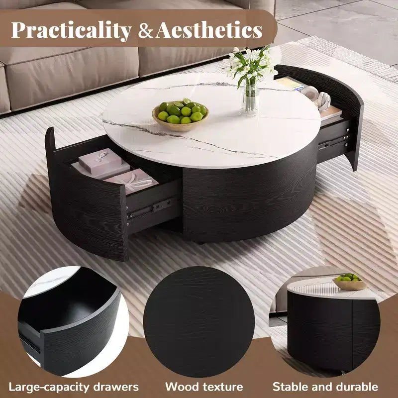 Table basse ronde moderne avec plateau en pierre frittée, 2 tiroirs et roulettes