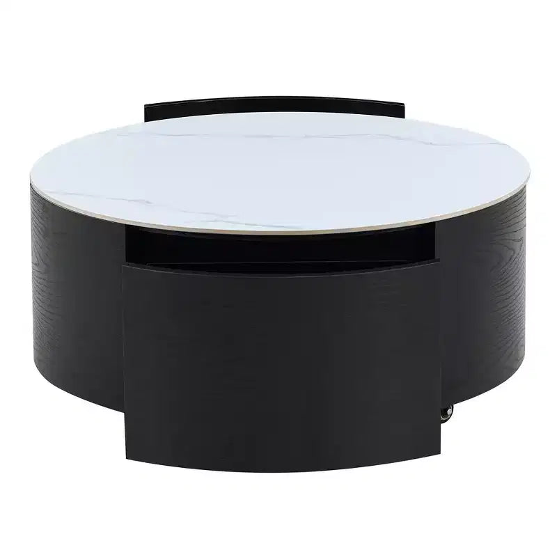 Table basse ronde moderne avec plateau en pierre frittée, 2 tiroirs et roulettes