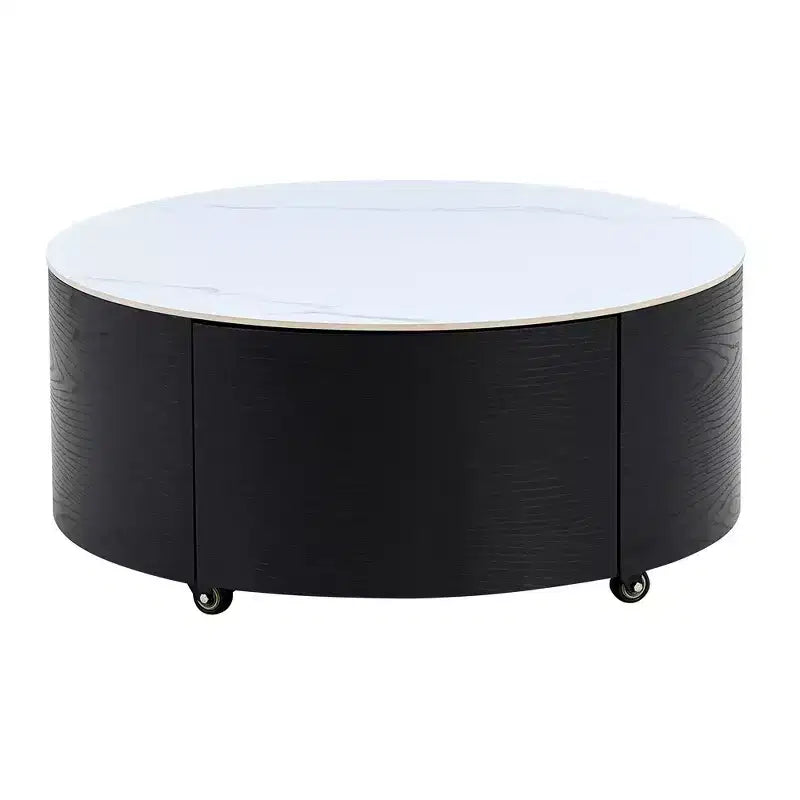 Table basse ronde moderne avec plateau en pierre frittée, 2 tiroirs et roulettes