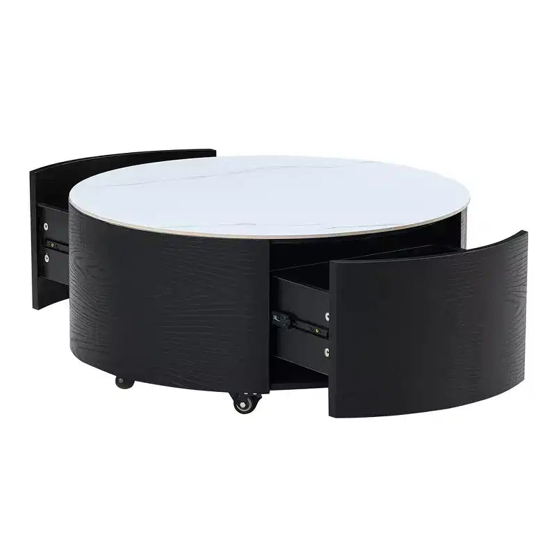Table basse ronde moderne avec plateau en pierre frittée, 2 tiroirs et roulettes