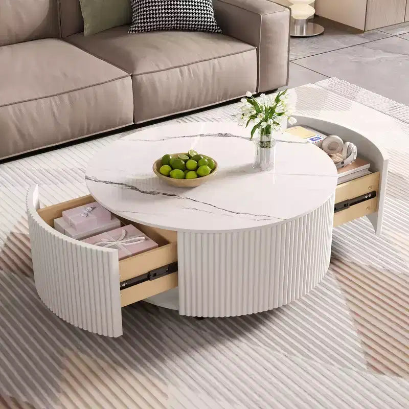 Table basse ronde moderne avec plateau en pierre frittée, 2 tiroirs et roulettes